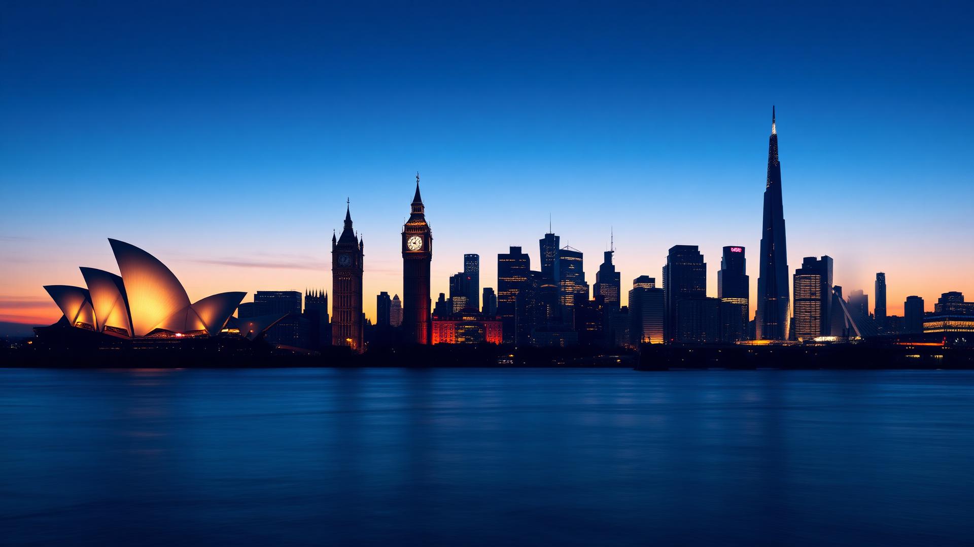 Global skyline across Sydney, London, New York and Dubai